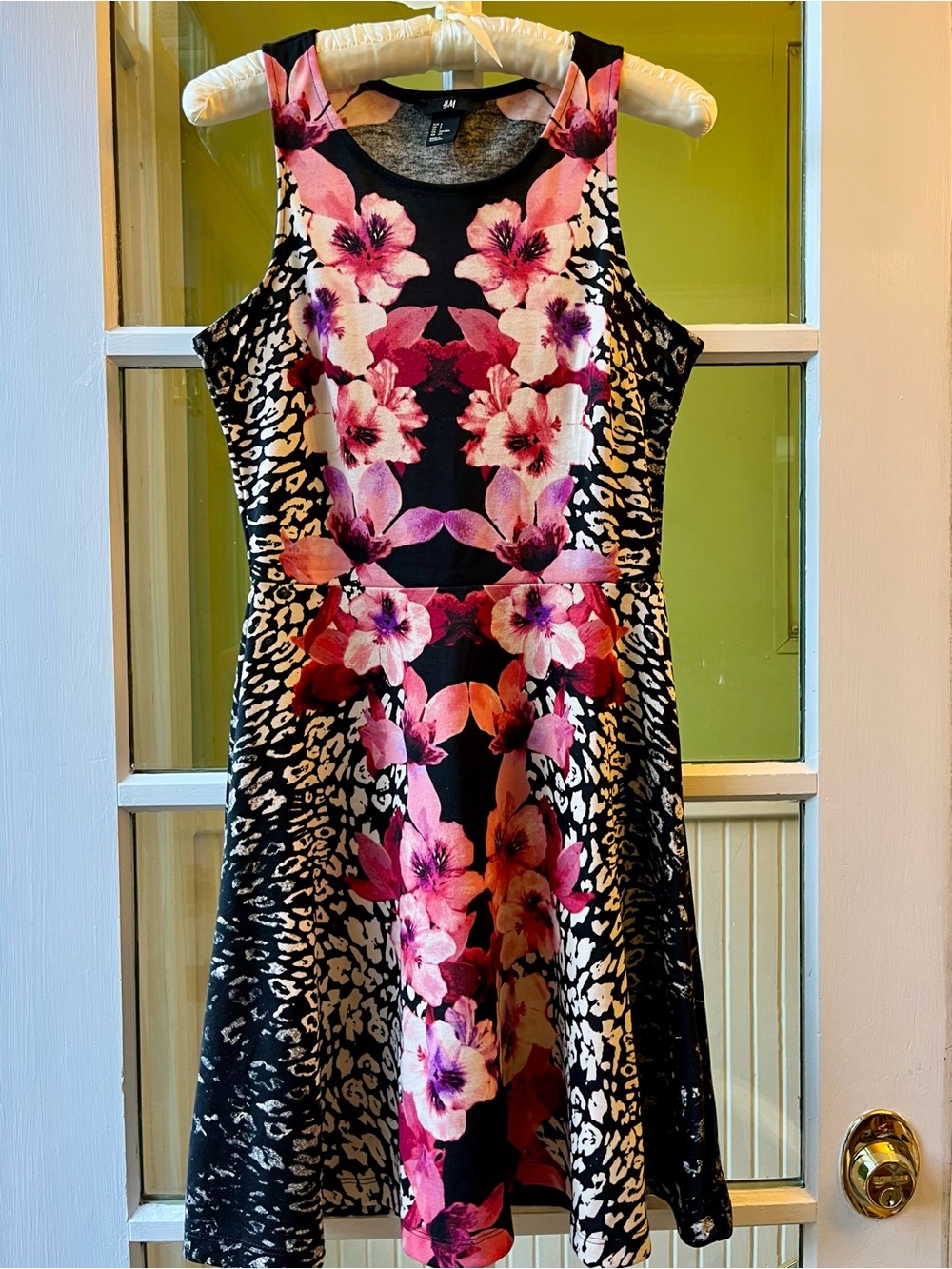 H&M Symmetrical Hibiscus Black & Pink Floral Fit-and-Flare Dress